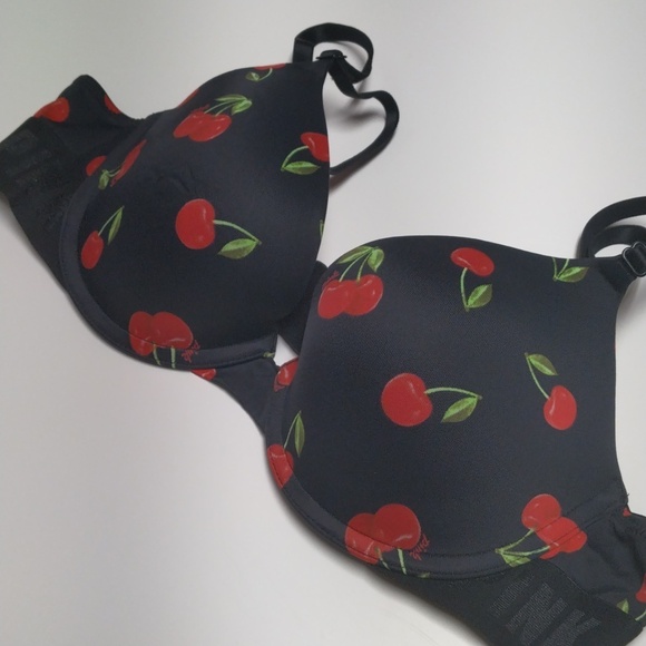 PINK Victoria's Secret PushUp Bra 36A Cherry Print - Black and Red - Picture 8 of 15